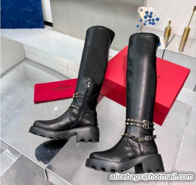 Popular Style Valentino Rockstud Strap Thigh High Boots in Calfskin Leather Black 1104092