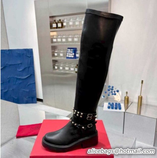 Popular Style Valentino Rockstud Strap Thigh High Boots in Calfskin Leather Black 1104092