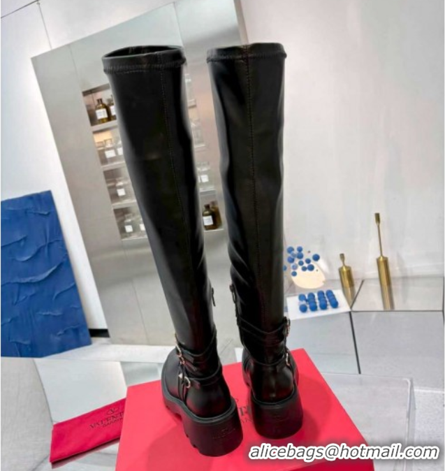 Popular Style Valentino Rockstud Strap Thigh High Boots in Calfskin Leather Black 1104092