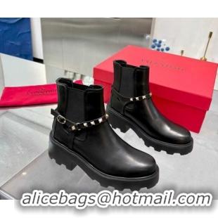 Unique Style Valentino Rockstud Strap Ankle Boots 5.5cm in Calfskin Leather Black/Gold 1104093