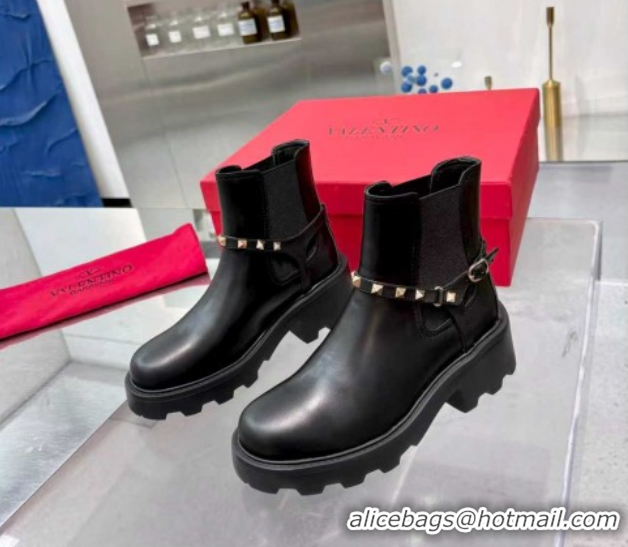 Unique Style Valentino Rockstud Strap Ankle Boots 5.5cm in Calfskin Leather Black/Gold 1104093