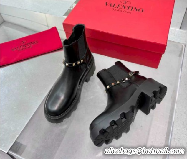 Unique Style Valentino Rockstud Strap Ankle Boots 5.5cm in Calfskin Leather Black/Gold 1104093
