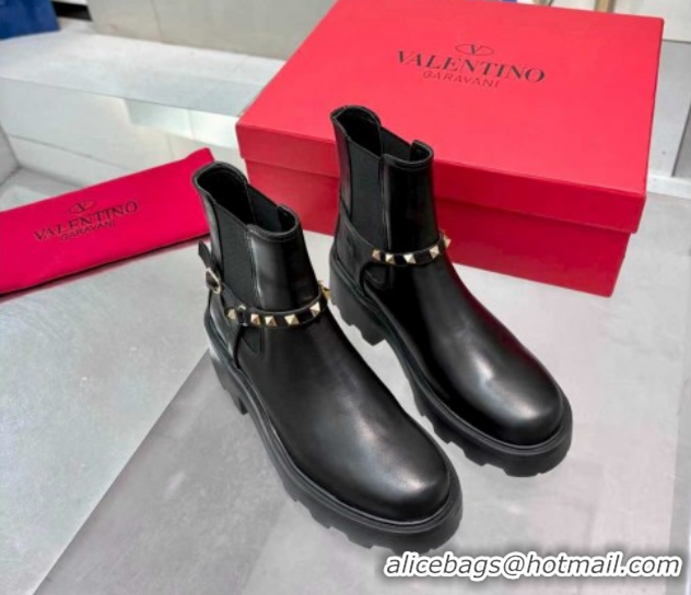 Unique Style Valentino Rockstud Strap Ankle Boots 5.5cm in Calfskin Leather Black/Gold 1104093