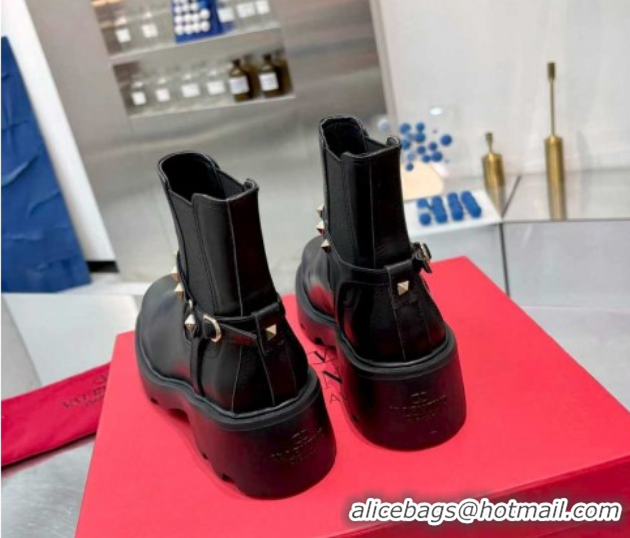 Unique Style Valentino Rockstud Strap Ankle Boots 5.5cm in Calfskin Leather Black/Gold 1104093
