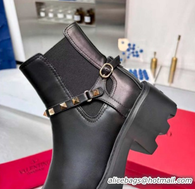 Unique Style Valentino Rockstud Strap Ankle Boots 5.5cm in Calfskin Leather Black/Gold 1104093