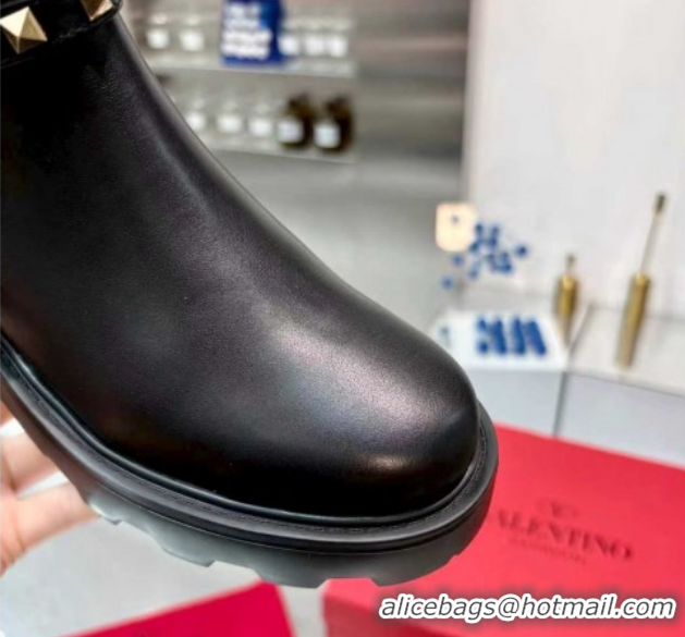 Unique Style Valentino Rockstud Strap Ankle Boots 5.5cm in Calfskin Leather Black/Gold 1104093