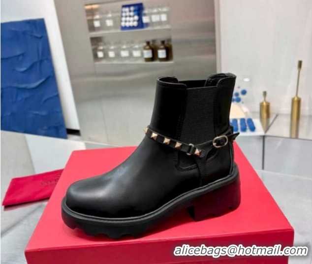 Unique Style Valentino Rockstud Strap Ankle Boots 5.5cm in Calfskin Leather Black/Gold 1104093
