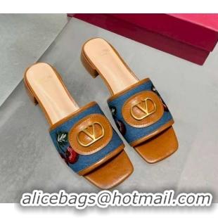 Good Product Valentino VLogo Signature Cherryfic Slides Sandal 3cm in Blue Denim and Leather Brown 1104094