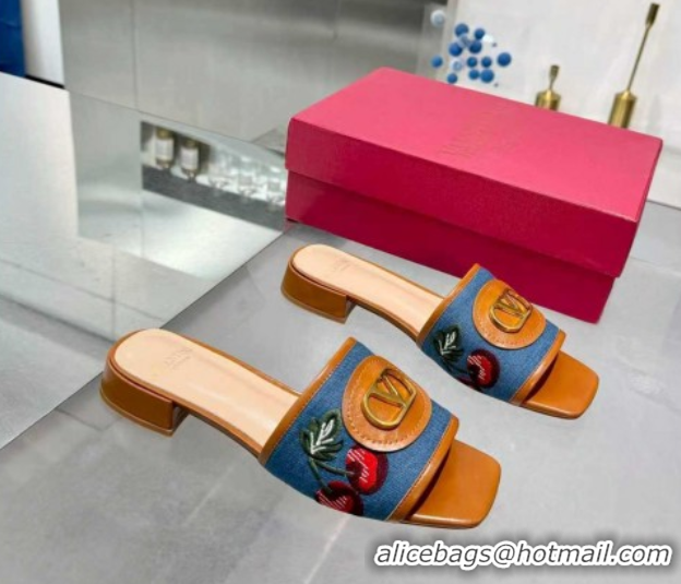 Good Product Valentino VLogo Signature Cherryfic Slides Sandal 3cm in Blue Denim and Leather Brown 1104094