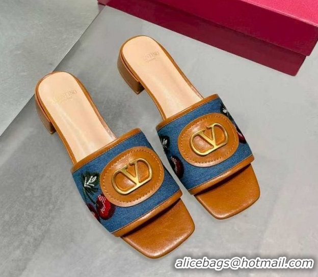 Good Product Valentino VLogo Signature Cherryfic Slides Sandal 3cm in Blue Denim and Leather Brown 1104094