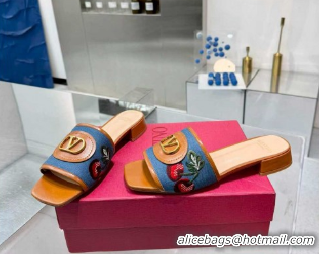Good Product Valentino VLogo Signature Cherryfic Slides Sandal 3cm in Blue Denim and Leather Brown 1104094