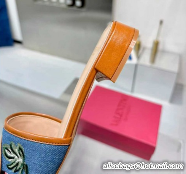Good Product Valentino VLogo Signature Cherryfic Slides Sandal 3cm in Blue Denim and Leather Brown 1104094