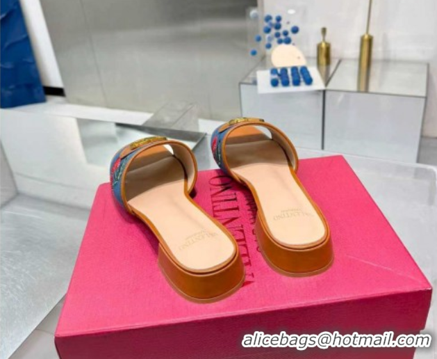 Good Product Valentino VLogo Signature Cherryfic Slides Sandal 3cm in Blue Denim and Leather Brown 1104094