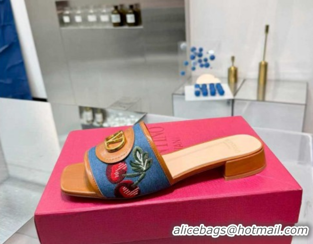 Good Product Valentino VLogo Signature Cherryfic Slides Sandal 3cm in Blue Denim and Leather Brown 1104094