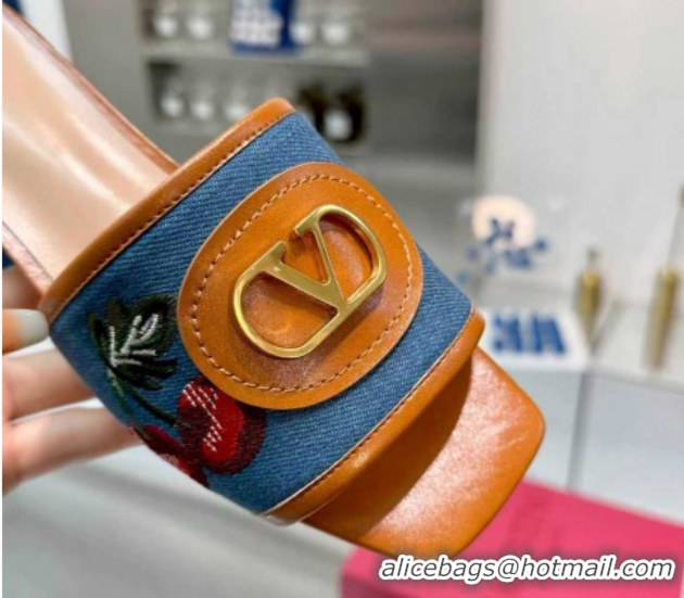 Good Product Valentino VLogo Signature Cherryfic Slides Sandal 3cm in Blue Denim and Leather Brown 1104094