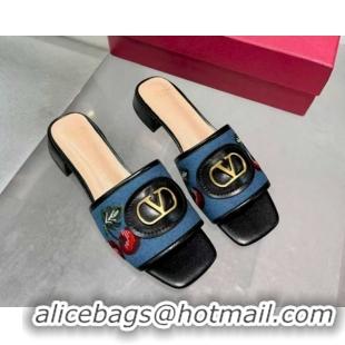 Top Design Valentino VLogo Signature Cherryfic Slides Sandal 3cm in Blue Denim and Leather Black 1104095