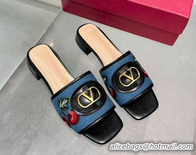 Top Design Valentino VLogo Signature Cherryfic Slides Sandal 3cm in Blue Denim and Leather Black 1104095