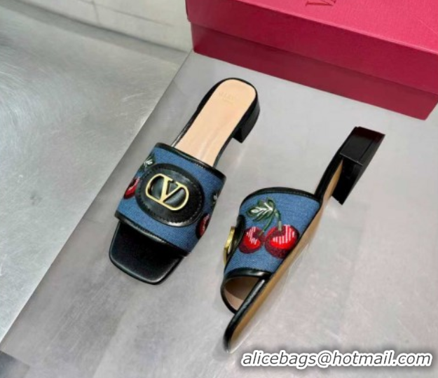 Top Design Valentino VLogo Signature Cherryfic Slides Sandal 3cm in Blue Denim and Leather Black 1104095