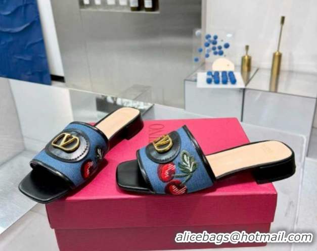 Top Design Valentino VLogo Signature Cherryfic Slides Sandal 3cm in Blue Denim and Leather Black 1104095