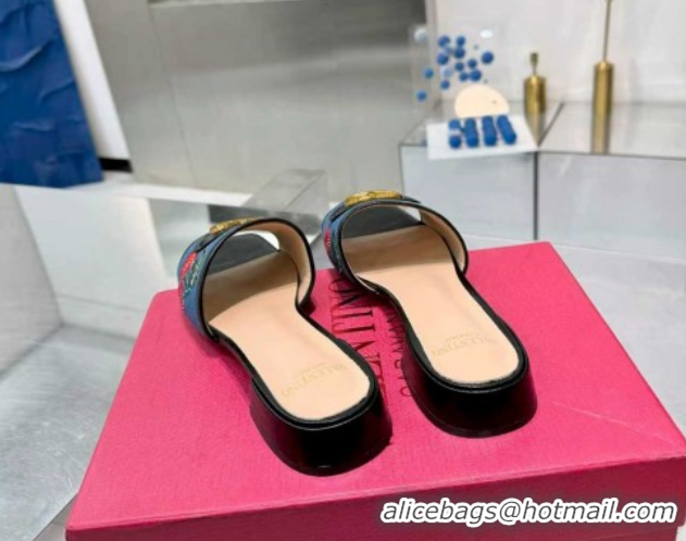 Top Design Valentino VLogo Signature Cherryfic Slides Sandal 3cm in Blue Denim and Leather Black 1104095