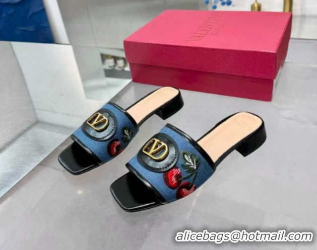 Top Design Valentino VLogo Signature Cherryfic Slides Sandal 3cm in Blue Denim and Leather Black 1104095