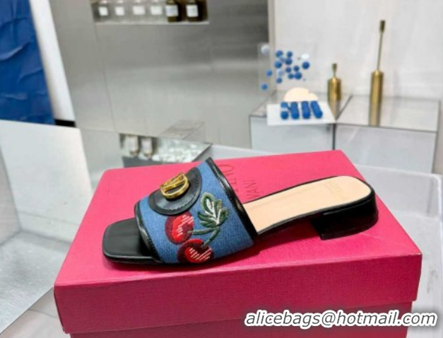Top Design Valentino VLogo Signature Cherryfic Slides Sandal 3cm in Blue Denim and Leather Black 1104095