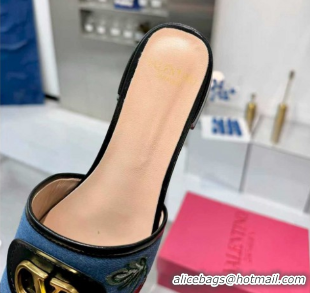 Top Design Valentino VLogo Signature Cherryfic Slides Sandal 3cm in Blue Denim and Leather Black 1104095