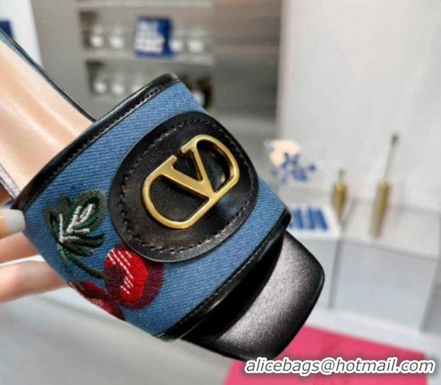 Top Design Valentino VLogo Signature Cherryfic Slides Sandal 3cm in Blue Denim and Leather Black 1104095