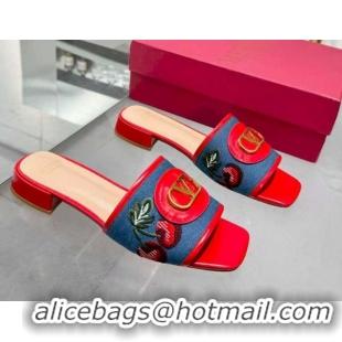 Good Looking Valentino VLogo Signature Cherryfic Slides Sandal 3cm in Blue Denim and Leather Red 1104096