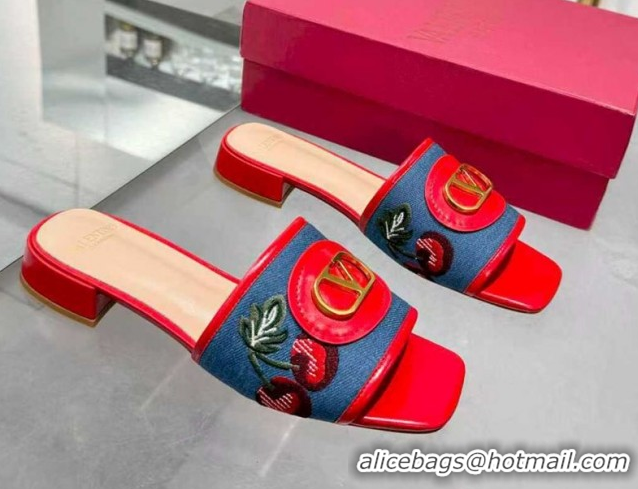 Good Looking Valentino VLogo Signature Cherryfic Slides Sandal 3cm in Blue Denim and Leather Red 1104096