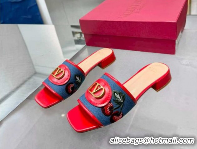 Good Looking Valentino VLogo Signature Cherryfic Slides Sandal 3cm in Blue Denim and Leather Red 1104096
