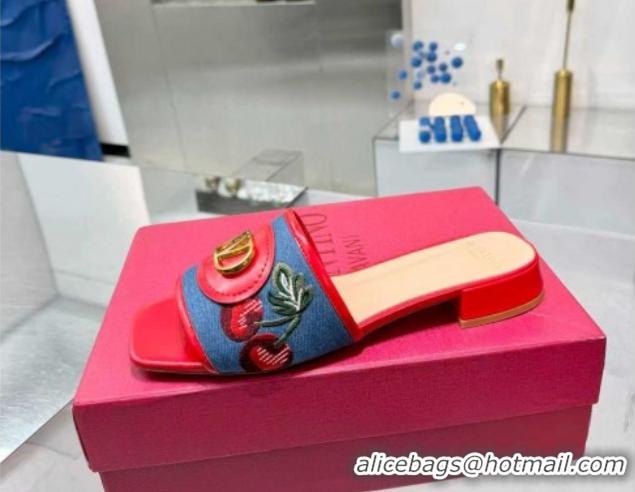 Good Looking Valentino VLogo Signature Cherryfic Slides Sandal 3cm in Blue Denim and Leather Red 1104096