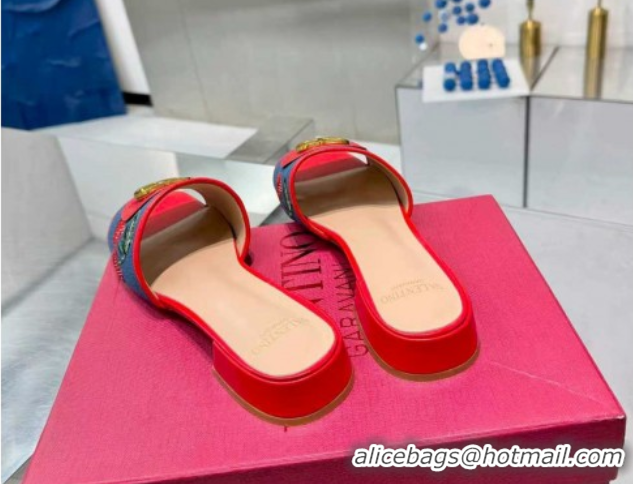 Good Looking Valentino VLogo Signature Cherryfic Slides Sandal 3cm in Blue Denim and Leather Red 1104096