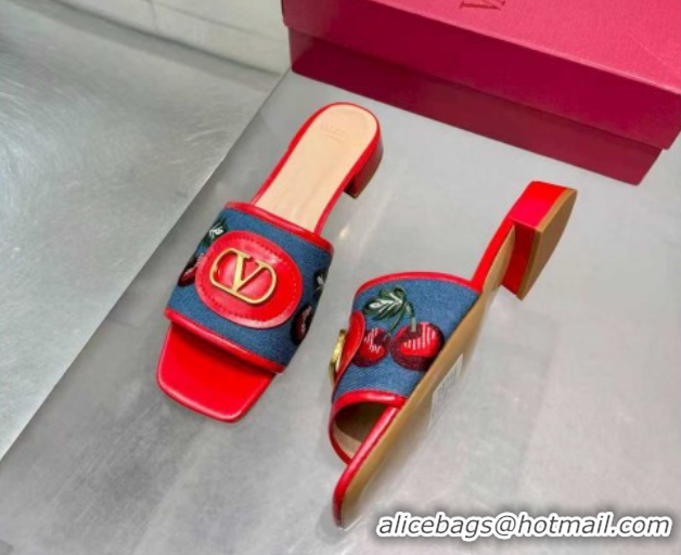 Good Looking Valentino VLogo Signature Cherryfic Slides Sandal 3cm in Blue Denim and Leather Red 1104096