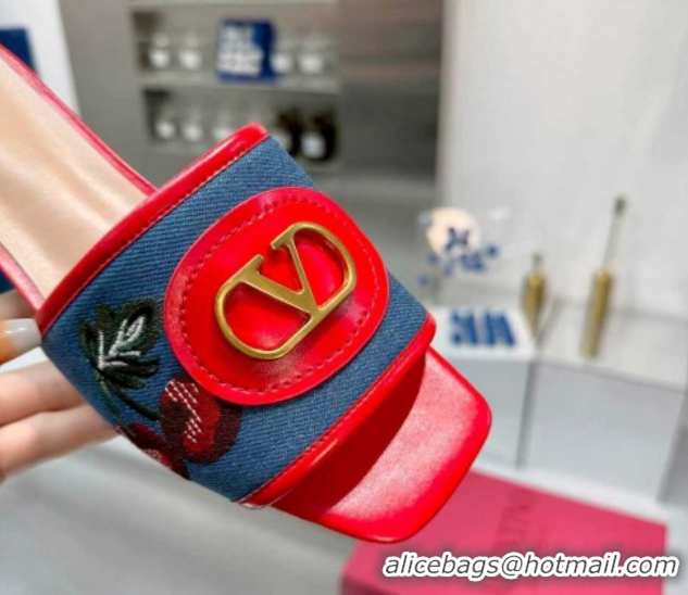 Good Looking Valentino VLogo Signature Cherryfic Slides Sandal 3cm in Blue Denim and Leather Red 1104096