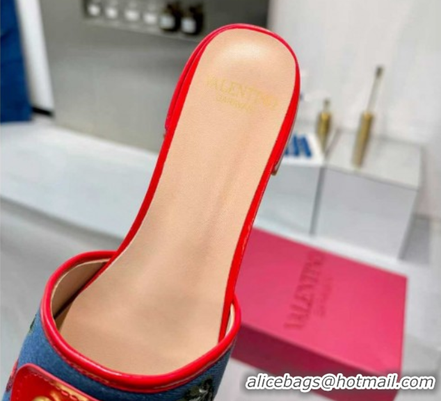 Good Looking Valentino VLogo Signature Cherryfic Slides Sandal 3cm in Blue Denim and Leather Red 1104096