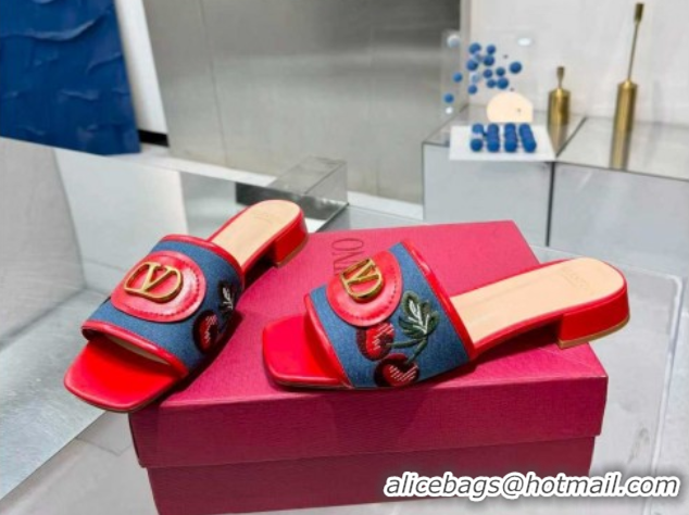 Good Looking Valentino VLogo Signature Cherryfic Slides Sandal 3cm in Blue Denim and Leather Red 1104096