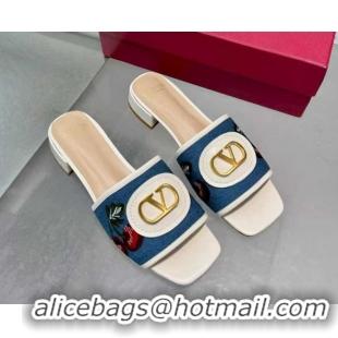 Shop Duplicate Valentino VLogo Signature Cherryfic Slides Sandal 3cm in Blue Denim and Leather White 1104097