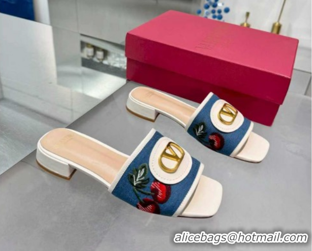 Shop Duplicate Valentino VLogo Signature Cherryfic Slides Sandal 3cm in Blue Denim and Leather White 1104097