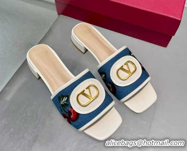 Shop Duplicate Valentino VLogo Signature Cherryfic Slides Sandal 3cm in Blue Denim and Leather White 1104097