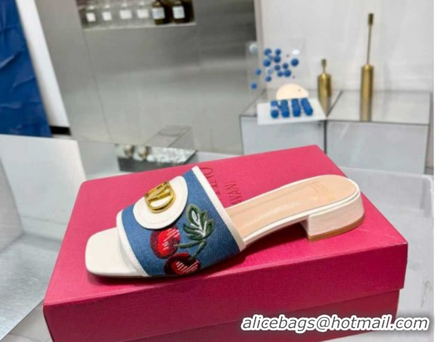 Shop Duplicate Valentino VLogo Signature Cherryfic Slides Sandal 3cm in Blue Denim and Leather White 1104097