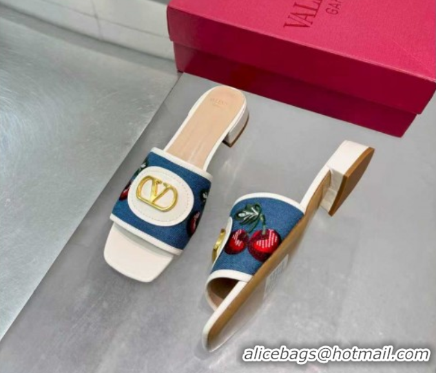 Shop Duplicate Valentino VLogo Signature Cherryfic Slides Sandal 3cm in Blue Denim and Leather White 1104097
