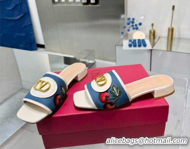 Shop Duplicate Valentino VLogo Signature Cherryfic Slides Sandal 3cm in Blue Denim and Leather White 1104097