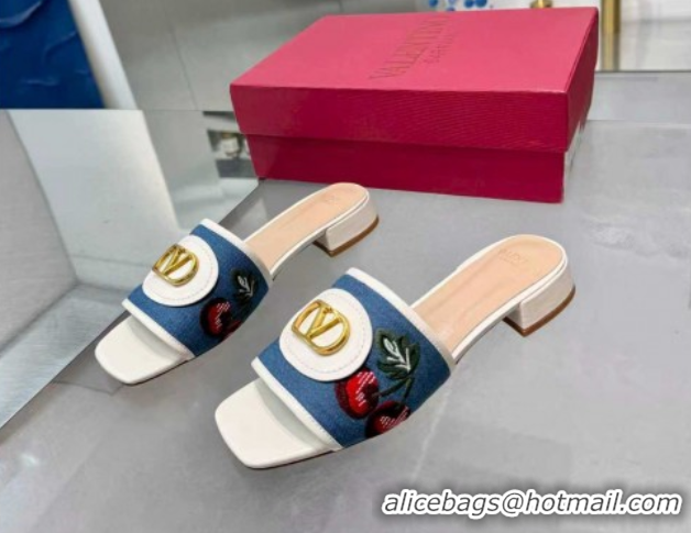 Shop Duplicate Valentino VLogo Signature Cherryfic Slides Sandal 3cm in Blue Denim and Leather White 1104097