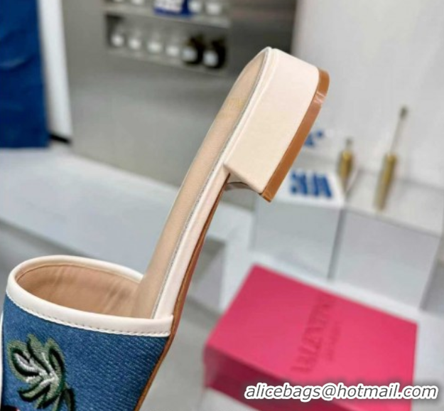 Shop Duplicate Valentino VLogo Signature Cherryfic Slides Sandal 3cm in Blue Denim and Leather White 1104097