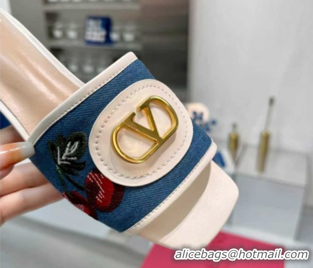 Shop Duplicate Valentino VLogo Signature Cherryfic Slides Sandal 3cm in Blue Denim and Leather White 1104097