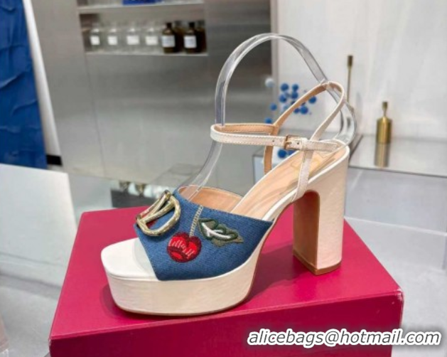 Best Product Valentino VLogo Signature Cherryfic Platform Sandals 11cm in Blue Denim and Leather White 1104098