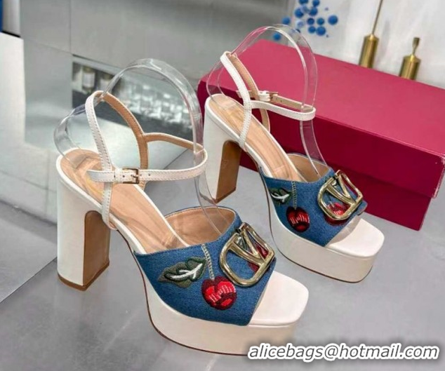 Best Product Valentino VLogo Signature Cherryfic Platform Sandals 11cm in Blue Denim and Leather White 1104098