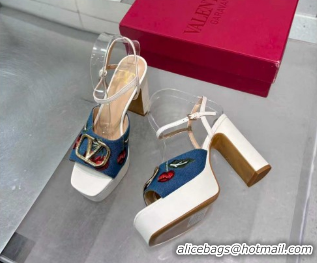Best Product Valentino VLogo Signature Cherryfic Platform Sandals 11cm in Blue Denim and Leather White 1104098