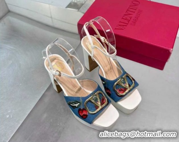 Best Product Valentino VLogo Signature Cherryfic Platform Sandals 11cm in Blue Denim and Leather White 1104098